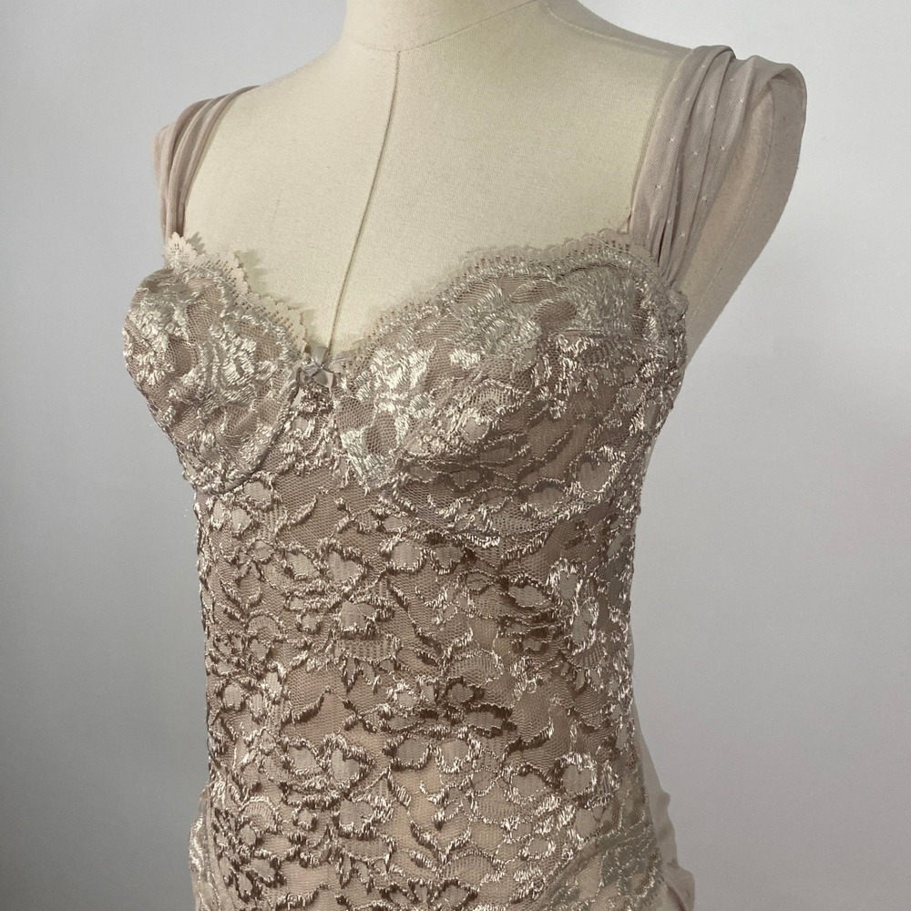Vintage Y2K Vassarette Size 36B Beige Tan Mesh Lace Underwire Bustier Bodysuit - Picture 3 of 8